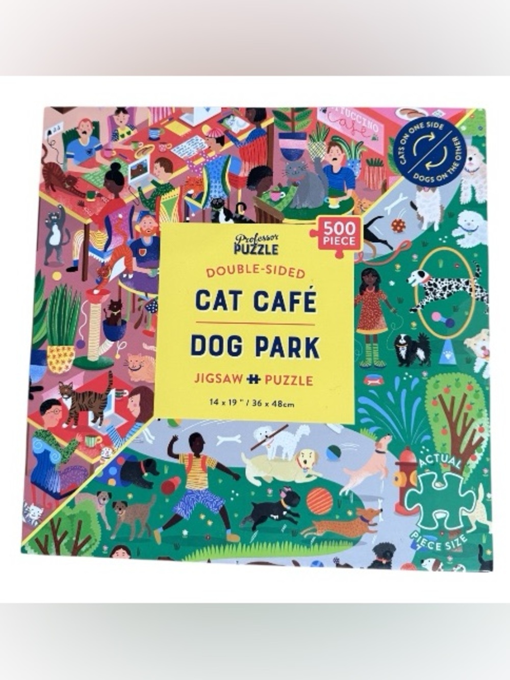Double-Sided Cat Café & Dog Park 500-Piece Jigsaw Puzzle - Bright Multicolor